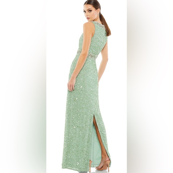 Mac Duggal sequins pit to pit 20”, waist is 18 and from shoulder to floor 60”. - Picture 2 of 3